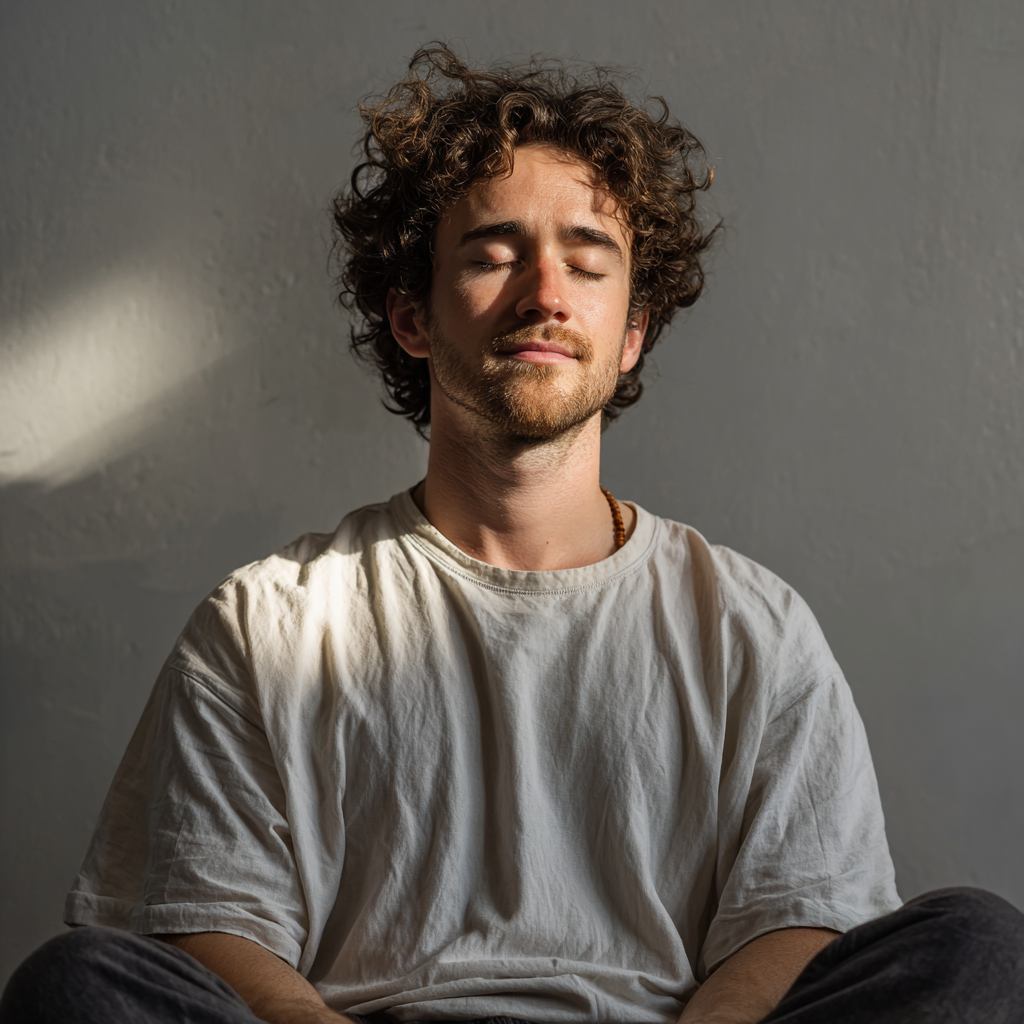 Усмихната жена на европейска възраст в йога поза, медитираща в светла стая с естествена светлина, демонстрираща спокойствие и физическо благосъстояние