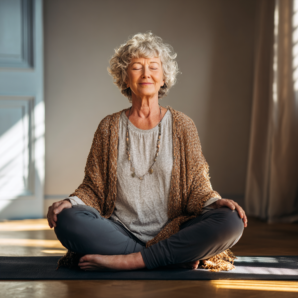 Усмихнат европейски мъж в средна възраст практикуващ йога в планинска природа, демонстрираща връзката между физическо здраве и духовно благосъстояние