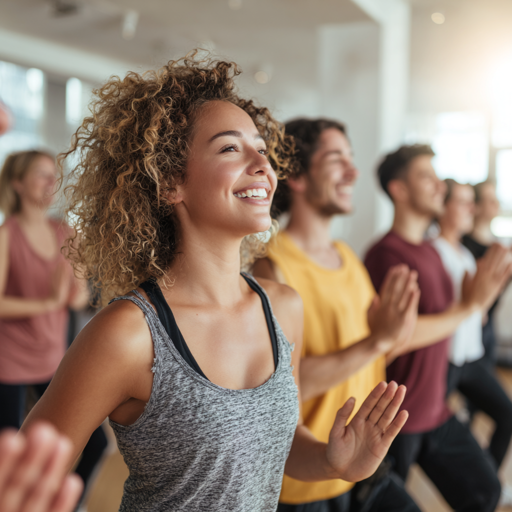 Усмихнати европейски хора практикуващи сутрешна йога на открито в парк, демонстрираща енергизиращи пози за започване на деня