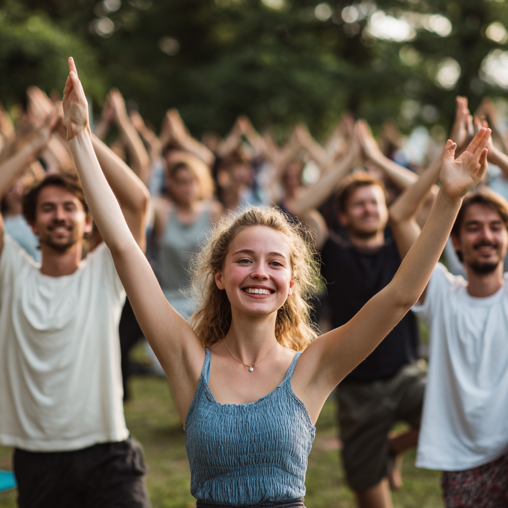 Спокойна европейска жена в зряла възраст практикуваща вечерна релаксираща йога в уютна домашна обстановка с приглушена светлина